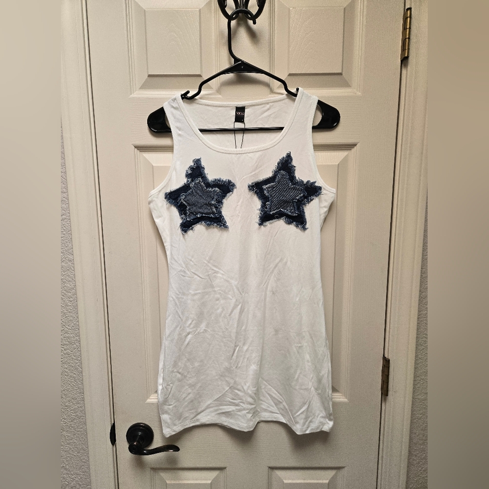 NWT Micas White Mini Dress with Blue Denim Star Patches, Large - Picture 3 of 9